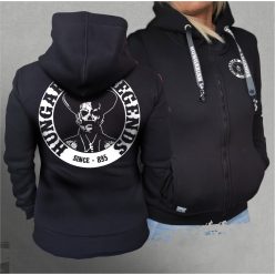 Koponyás betyár női kapucnis, cipzáras pulóver