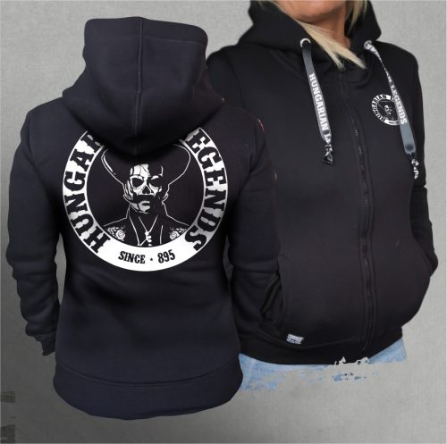 Koponyás betyár női kapucnis, cipzáras pulóver