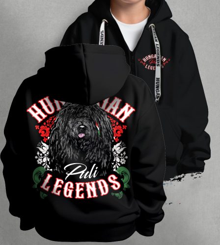 Magyar puli gyerek kapucnis, cipzáras pulóver