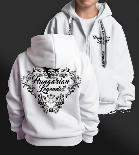 Magyar népi díszítés koponyával gyerek kapucnis, cipzáras pulóver