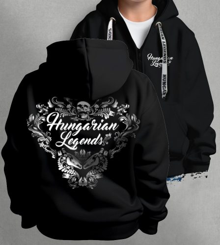 Magyar népi díszítés koponyával gyerek kapucnis, cipzáras pulóver