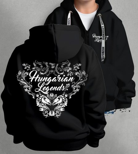 Magyar népi díszítés koponyával gyerek kapucnis, cipzáras pulóver