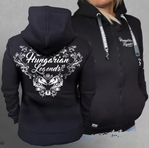 Magyar népi díszítés koponyával női cipzáras, kapucnis pulóver