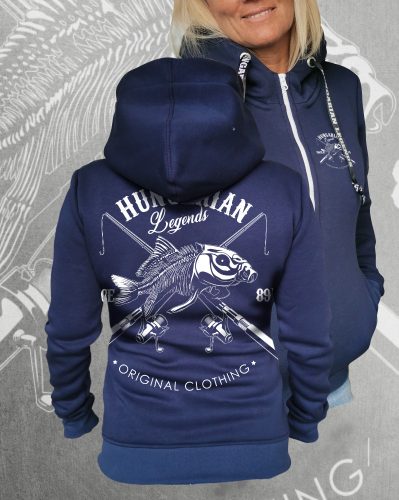 Pecás női cipzáras, kapucnis pulóver