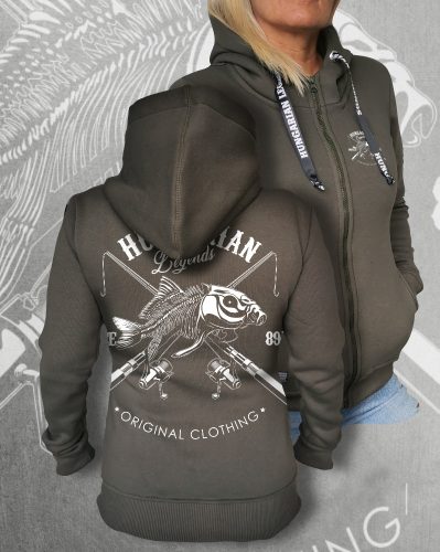 Pecás női cipzáras, kapucnis pulóver