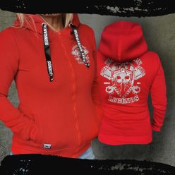   Motoros női kapucnis, cipzáras pulóver - hímzett mintával