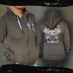   Motoros női kapucnis, cipzáras pulóver - hímzett mintával