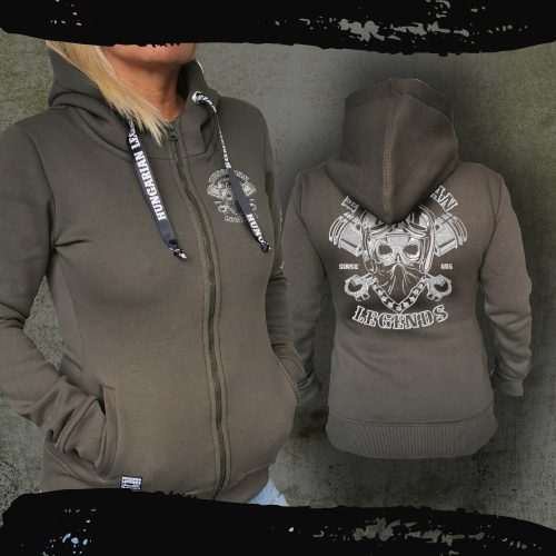 Motoros női kapucnis, cipzáras pulóver - hímzett mintával