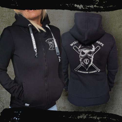 Welcome to Europe női kapucnis, cipzáras pulóver - hímzett mintával